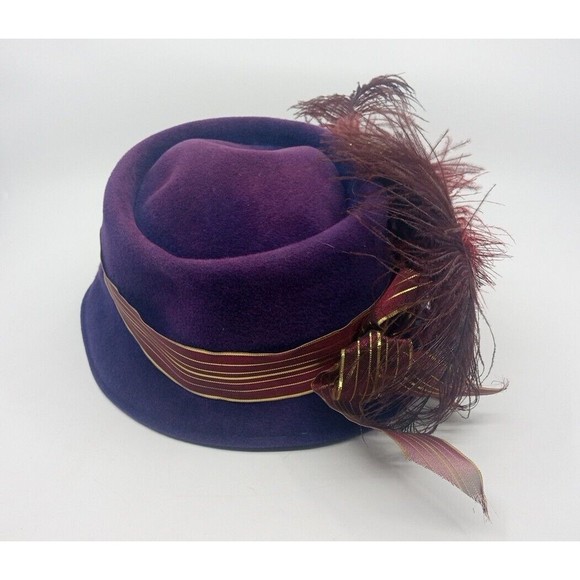 Vintage Valerie Modes Genuine Velour Imported Fur Hat - Purple Feathers 22 1/2 - Picture 3 of 4